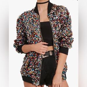 Rainbow sequin long sleeve zipper bomber jacket